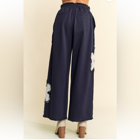 New Floral Patchwork Detail Front Pocketed Elastic Back French Terry Easy Pants - Picture 5 of 9